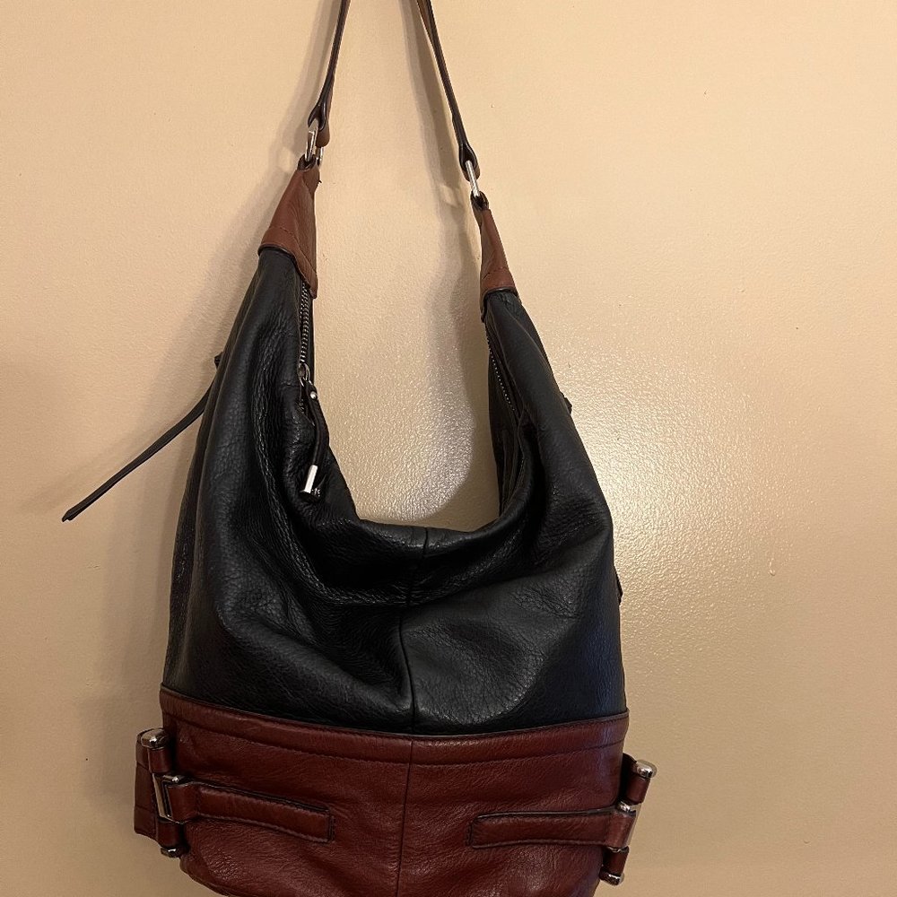 B. Makowsky Hobo Purse Shoulder Bag - Black & Brown Leather